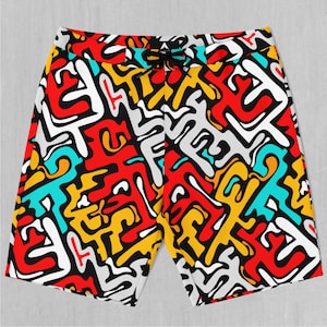 Street Graffiti Board Shorts Men&#39;s Bathing Suit Swim Trunks With Pockets and Drawstring