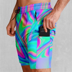 Holográfico Psicodélico Masculino 2 en 1 Compresión y Pantalones Cortos Atléticos de Gimnasio
