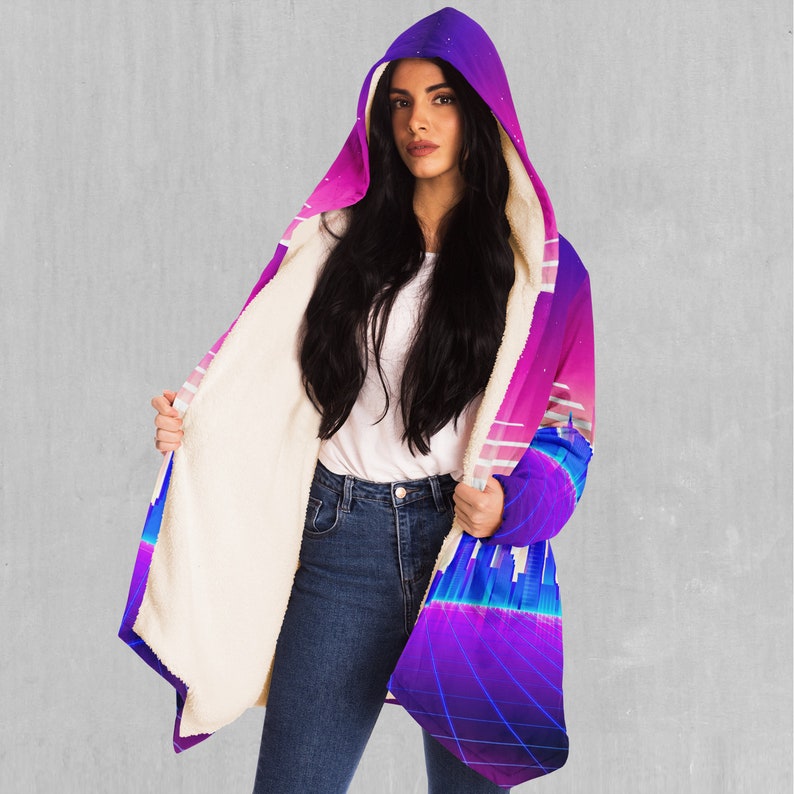 Cyber City Vaporwave Retro EDM Rave Festival Sherpa Lined Hooded Cloak