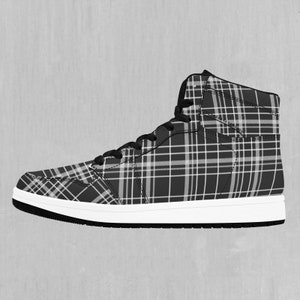 Grayscale Black and White Plaid High Top Sneakers, High Top Shoes