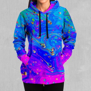 May include: A blue and pink hoodie with a psychedelic swirl pattern. The hoodie has a drawstring hood and a kangaroo pocket.