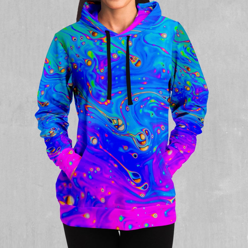 May include: A blue and pink hoodie with a psychedelic swirl pattern. The hoodie has a drawstring hood and a kangaroo pocket.