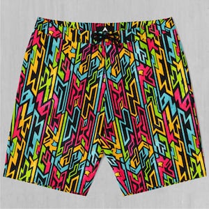 Street Jigsaw Board Shorts Men&#39;s Bathing Suit Swim Trunks With Pockets and Drawstring