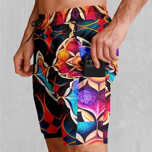 Blossoming Spectrum Mandala Men&#39;s 2 in 1 Compression and Athletic Gym Shorts