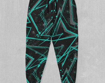 May include: Black sweatpants with a geometric pattern of teal blue lines and shapes on a black background.