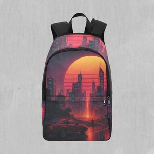 Mochila Neon Sunrise Adventure Festival, estilo retro Vaporwave Synthwave con compartimento para portátil
