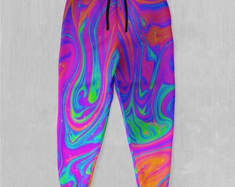 May include: A pair of sweatpants with a colorful abstract swirl pattern in shades of pink, blue, green, and orange.