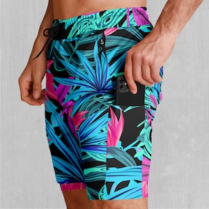 Neon Lush Floral Pattern Men&#39;s 2 en 1 Compression and Athletic Gym Shorts