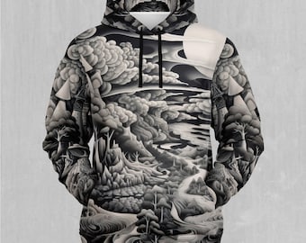 May include: A black and white hoodie featuring a detailed landscape design. The artwork depicts a mountainous terrain with trees, clouds, and a full moon. The hoodie has a drawstring hood and a front pocket.