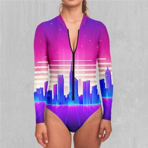 Cyber City Vaporwave Festival Rave One Piece Bodysuit Bathing Suit