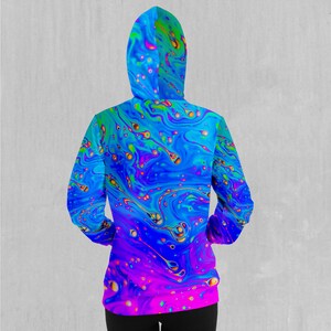 May include: A blue, green, and purple hoodie with a swirling, abstract pattern. The pattern resembles a psychedelic liquid or soap bubble.