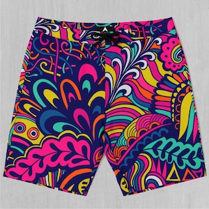 Psychotropic Floral Board Shorts Men&#39;s Bathing Suit Swim Trunks With Pockets and Drawstring