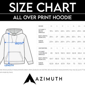 May include: Size chart for an all-over print hoodie, showing measurements in inches and centimeters for sizes XS to 4XL. The chart includes measurements for 1/2 chest, body length, and sleeve length.
