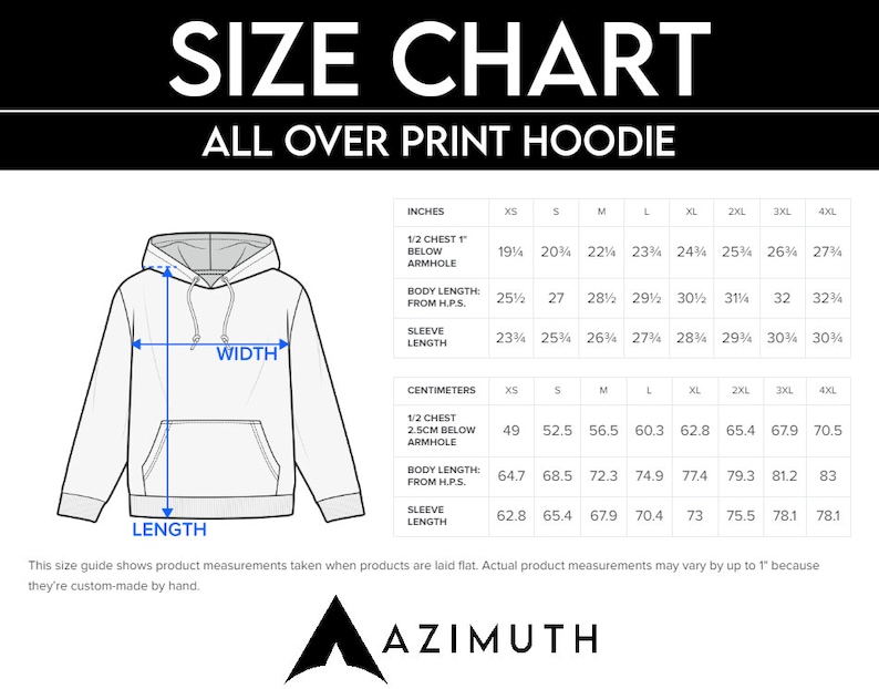 May include: Size chart for an all-over print hoodie, showing measurements in inches and centimeters for sizes XS to 4XL. The chart includes measurements for 1/2 chest, body length, and sleeve length.