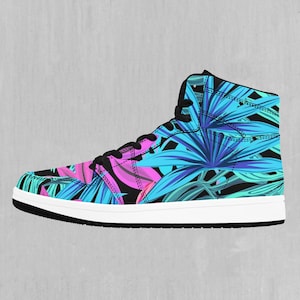 Neon Lush Tropical Palm Tree High Top Sneakers, High Top Shoes