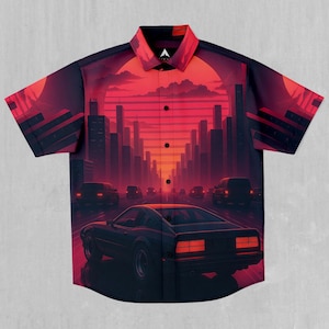 Camisa de manga corta con cuello abotonado y diseño vaporwave de Nightfall Synthwave