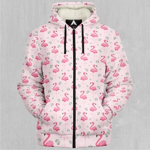 Felpa con cappuccio e zip in micropile Sherpa con motivo fenicottero
