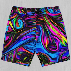 Psychedelic Waves Board Shorts Men&#39;s Bathing Suit Swim Trunks With Pockets and Drawstring