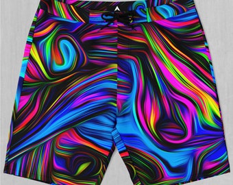May include: Swim trunks with a psychedelic abstract pattern in shades of blue, pink, green, yellow, and black.