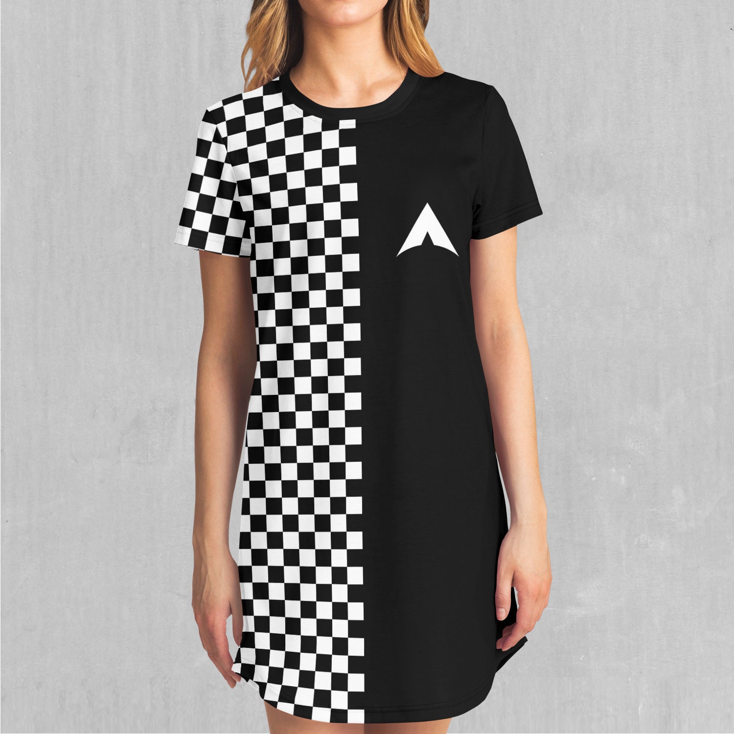 Checkerboard Race Flag Oversized Black and White T-Shirt Dress Checkerboard Race Flag Oversized Black and White T-Shirt Dress