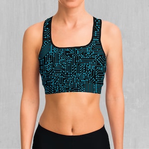 Blue Cybernetic Abstract Sports Bra, Women&#39;s Sports Bra, Workout Bra, Yoga Bra, Sports Bra For Women, Compression Bra