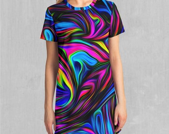 Psychedelic Waves Colorful Psychedelic T-Shirt Dress