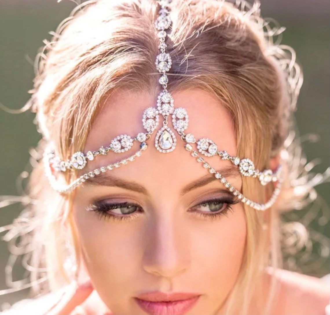 Bridal forehead headpiececrystal gold head piece bohemian Etsy
