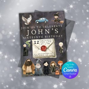 Pode incluir: Um convite de aniversário com tema Harry Potter com um fundo cinza escuro. O convite apresenta uma ilustração de desenho animado de personagens de Harry Potter, incluindo Harry, Ron, Hermione, Dumbledore e Hagrid. O texto do convite diz "Junte-se a nós para celebrar o décimo sexto aniversário de John" e inclui a data e hora da festa. O convite também inclui uma ilustração de desenho animado de um trem Expresso de Hogwarts e uma coruja branca.