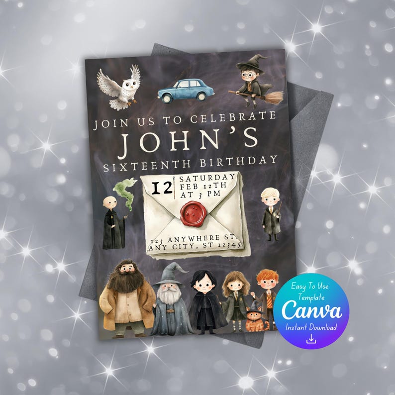 May include: A Harry Potter themed birthday invitation with a dark grey background. The invitation features a cartoon illustration of Harry Potter characters, including Harry, Ron, Hermione, Dumbledore, and Hagrid. The text on the invitation reads "Join us to celebrate John's Sixteenth Birthday" and includes the date and time of the party. The invitation also includes a cartoon illustration of a Hogwarts Express train and a white owl.
