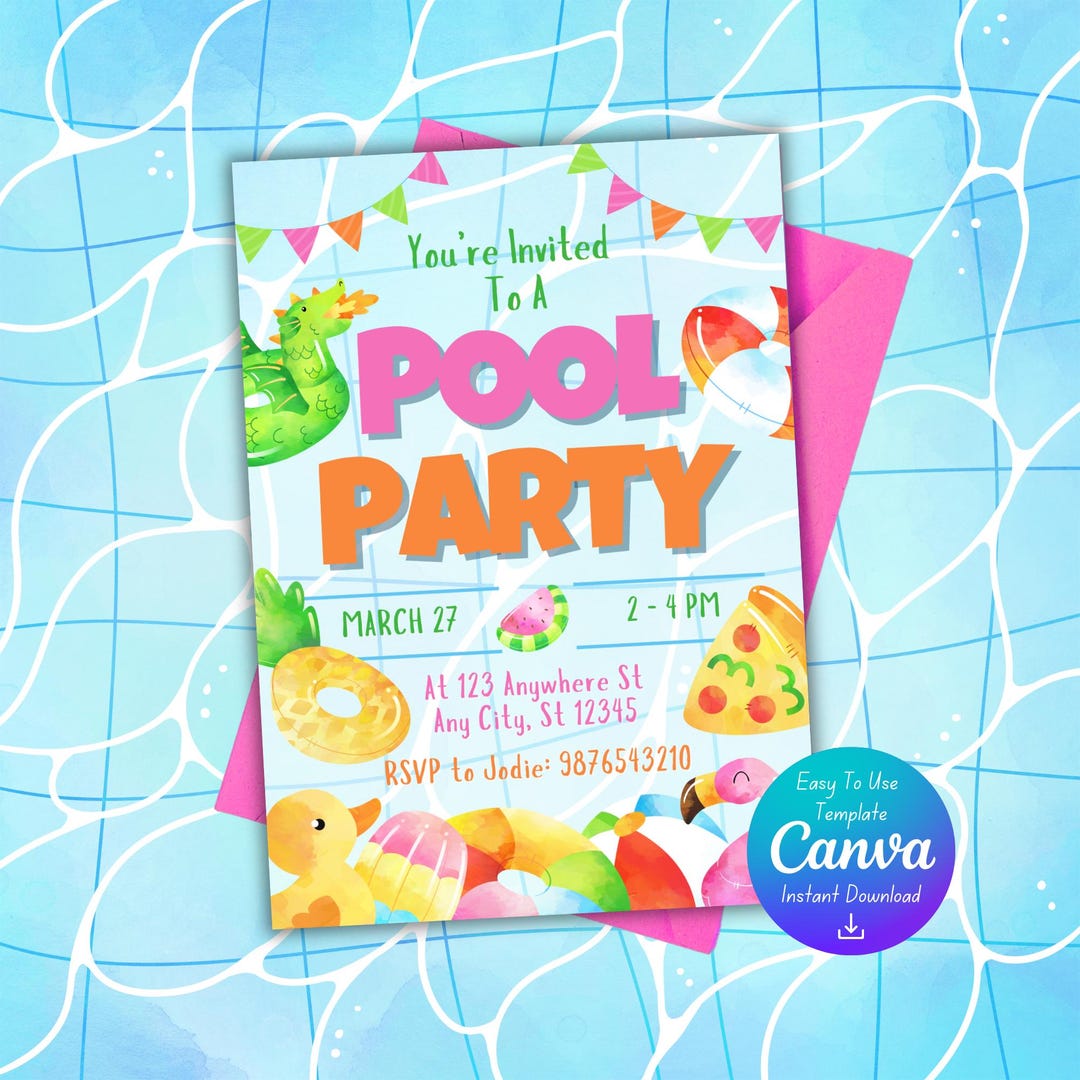 Birthday Pool Party Invitation | Canva Template | PDF Download ...