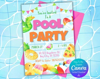 Verjaardagsuitnodiging zwembadfeest | Canvassjabloon | Pdf-download | Digitale afdruk | Uitnodiging zwembadfeest | Poolparty | Direct downloaden