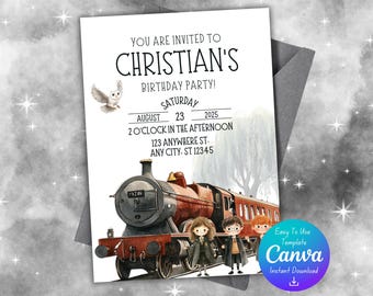 Harry Potter-verjaardagsuitnodiging | Verjaardagsuitnodiging Harry Potter-trein | Harry Potter-feestje | Bewerkbare canvassjabloon | Directe pdf |