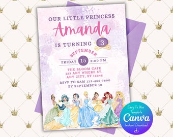 Princess Birthday Invitations |Editable Canva Template | Instant Download | Digital Print | Princess Birthday | Princess Birthday Party
