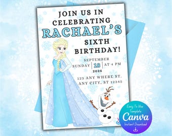 Elsa-verjaardagsuitnodiging | Uitnodiging voor verjaardagsfeestje Frozen | Sjabloon Frozen feest | Bewerkbare canvassjabloon | Digitale afdruk |