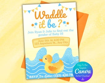 Gender Reveal-uitnodiging | Canvassjabloon | Waggelt het? | Pdf-download | Digitale afdruk | Geslachtsonthulling van eend | Babyuitnodiging eend