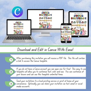 Puede incluir: Una plantilla de invitaci&oacute;n digital para una fiesta de cumplea&ntilde;os con tem&aacute;tica de Super Mario. La invitaci&oacute;n presenta un dise&ntilde;o colorido con los personajes de Mario, Luigi, Peach y Toad. El texto de la invitaci&oacute;n dice "Ven a celebrar con nosotros un Super Cumplea&ntilde;os para celebrar a Nathan".