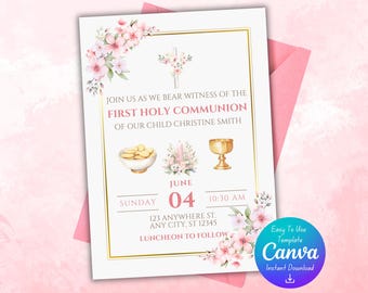 ピンクの花柄の初聖体拝領招待状 | 編集可能なCanvaテンプレート | 即時ダウンロード | デジタル印刷 | 女の子の初聖体拝領招待状
