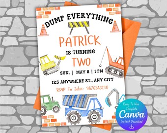 Verjaardagsuitnodiging bouw | Verjaardagsfeestje bouw | Bewerkbare canvassjabloon | Verjaardagsfeestje vrachtwagen | Directe digitale download |