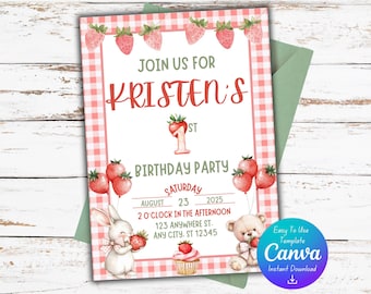 Strawberry First Birthday Invitation |Canva Template | PDF Download | Instant Download | Strawberry Birthday Invitation | Bunny Birthday