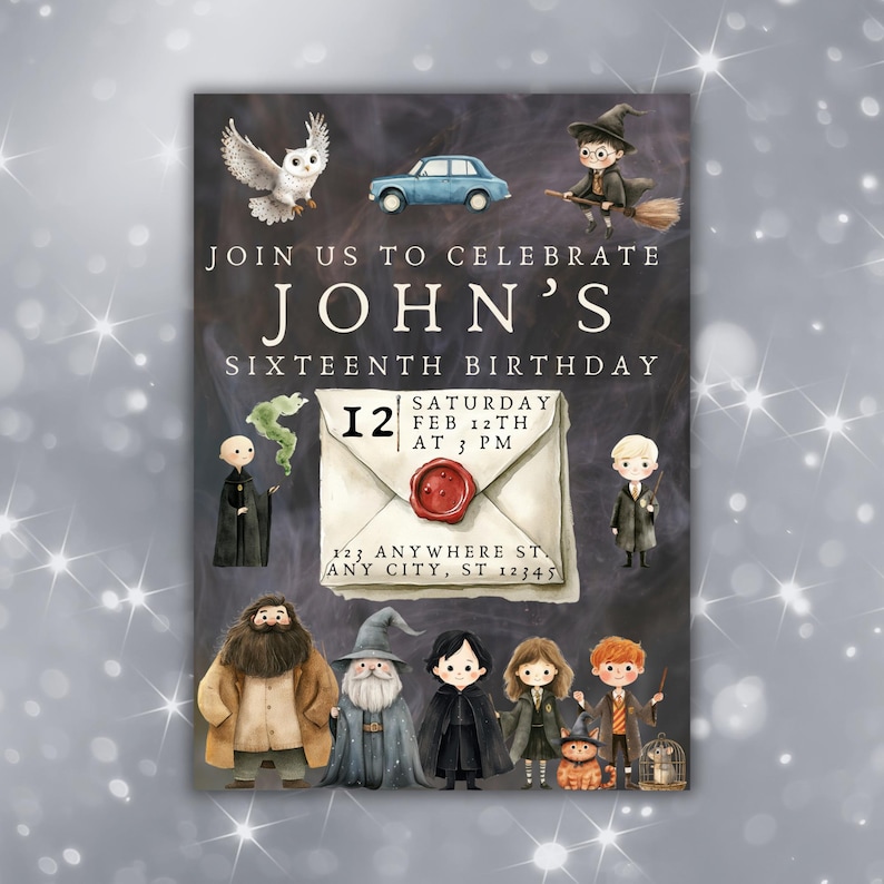 May include: A Harry Potter themed birthday invitation with a dark background and a red envelope with the text "12 Saturday Feb 12th at 3 PM". The invitation also features a blue car, a white owl, and a group of Harry Potter characters.