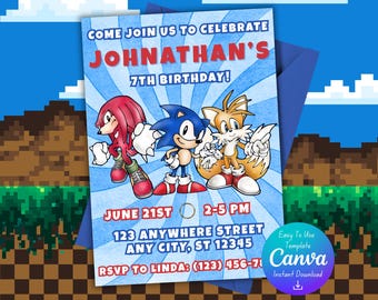 Sonic-verjaardagsuitnodiging | Sonic-uitnodiging voor verjaardagsfeestje | Aquarel sonische verjaardag | Aangepaste canvassjabloon | Directe digitale afdruk