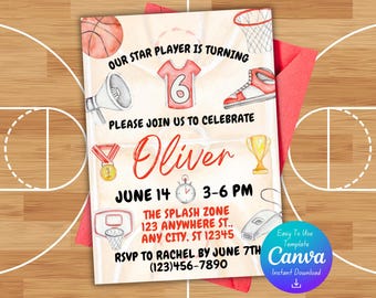 Verjaardagsuitnodiging basketbal | Sjabloon uitnodiging basketbalfeest | Bewerkbare canvassjabloon | Directe digitale download |