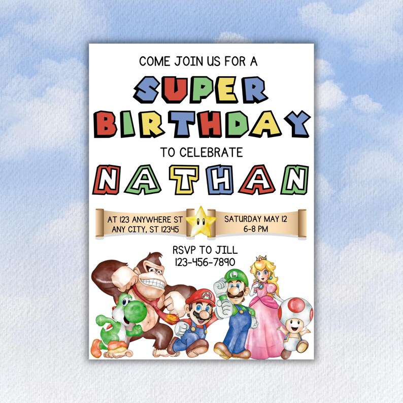Puede incluir: Una invitaci&oacute;n de cumplea&ntilde;os con tem&aacute;tica de Super Mario para un ni&ntilde;o llamado Nathan. La invitaci&oacute;n presenta personajes de la serie de videojuegos Super Mario, incluyendo Mario, Luigi, la princesa Peach, Donkey Kong, Yoshi y Toad. La invitaci&oacute;n incluye el texto "Ven a unirte a nosotros para un Super Cumplea&ntilde;os para celebrar a Nathan" y detalles para la fiesta, incluyendo la fecha, la hora y la ubicaci&oacute;n.