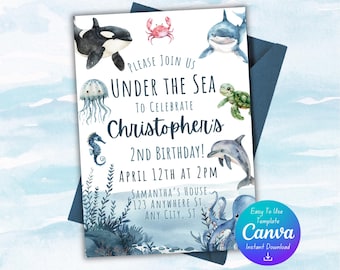 Under The Sea-verjaardagsuitnodiging | Verjaardagsuitnodiging zeedier | Sea Life-verjaardagsfeestje | Bewerkbare canvassjabloon | Pdf-download |