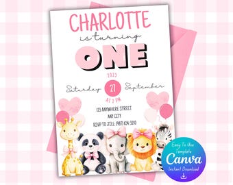 Sjabloon eerste verjaardagsuitnodiging dierentuindier | Bewerkbaar canvas | Digitale download | Verjaardagsfeestje dierentuin | Verjaardagsfeestje dierentuin meisje | Direct