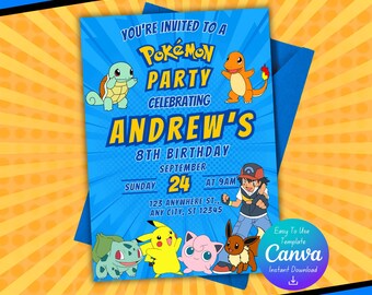 Pokémon-verjaardagsuitnodigingen | Pokémon-verjaardagsuitnodigingen | Uitnodigingen verjaardagsfeestje Pokémon| Uitnodigingen voor verjaardagsfeestje Pikachu