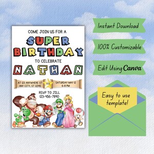 Invitación de cumpleaños de Super Mario / Descarga instantánea / Impresión digital / Plantilla de Canva / Fiesta de cumpleaños de Super Mario / Invitación de Mario en acuarela imagen 4