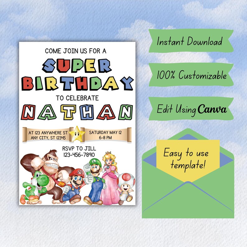 Invitación de cumpleaños de Super Mario / Descarga instantánea / Impresión digital / Plantilla de Canva / Fiesta de cumpleaños de Super Mario / Invitación de Mario en acuarela imagen 4
