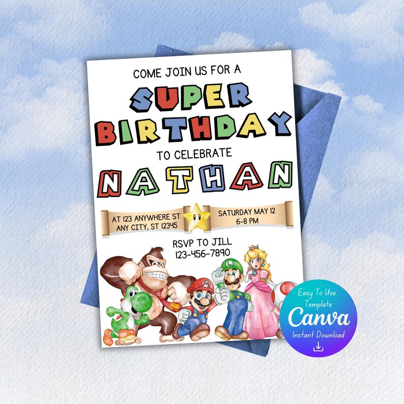 Invitación de cumpleaños de Super Mario / Descarga instantánea / Impresión digital / Plantilla de Canva / Fiesta de cumpleaños de Super Mario / Invitación de Mario en acuarela imagen 1