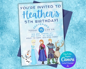Plantilla de invitación de cumpleaños de Frozen / Fiesta de cumpleaños de Frozen / Fiesta de cumpleaños de Elsa / Plantilla editable de Canva / Descarga instantánea /